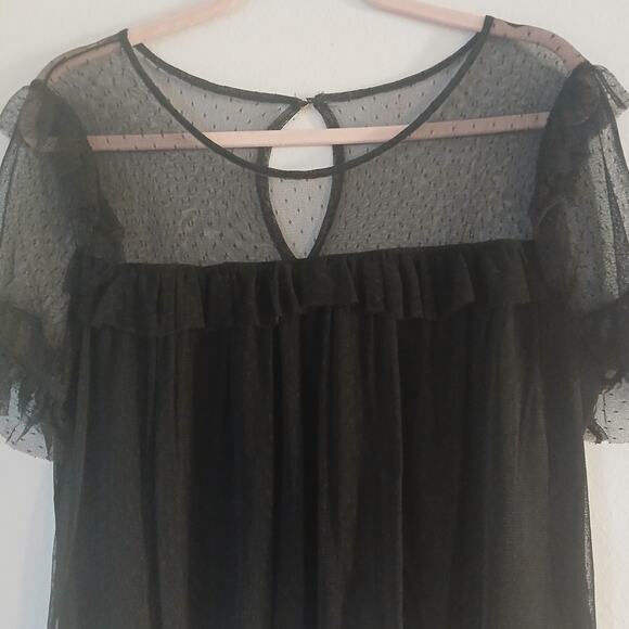 White House Black Market Lace Overlay Ruffle Blouse Top Black Large - Picture 2 of 5